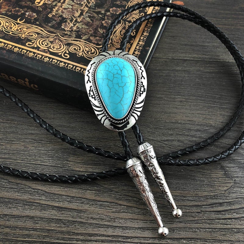 QUKE Native Western Blue Natural Turquoise Stone Bolo Tie Handmade Genunie Leather For Men Women - Image 5